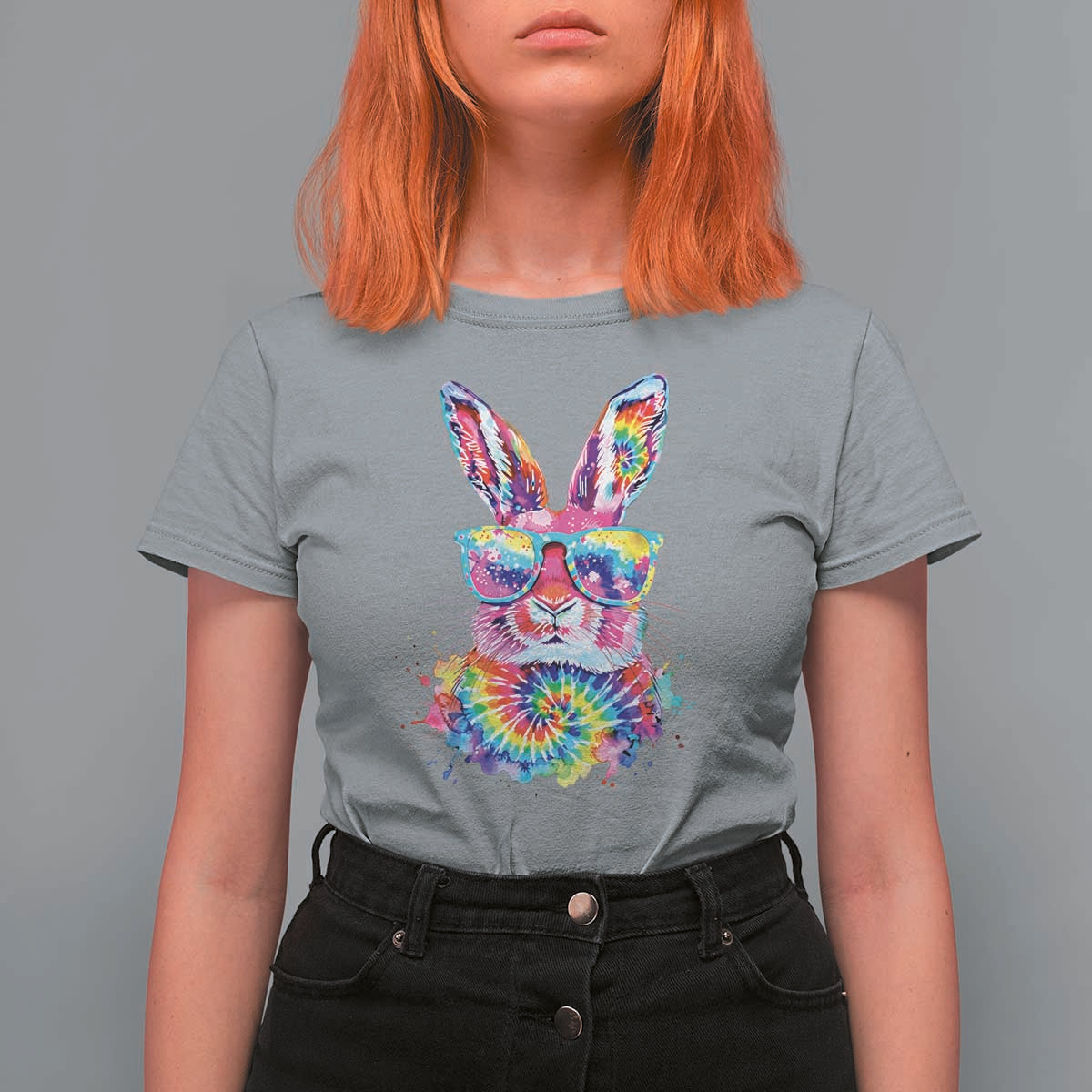 Colorful Tie Dye Bunny with Sunglasses T Shirt For Women Cool Easter Rabbit Retro Hippie Vibe Graphic Gift