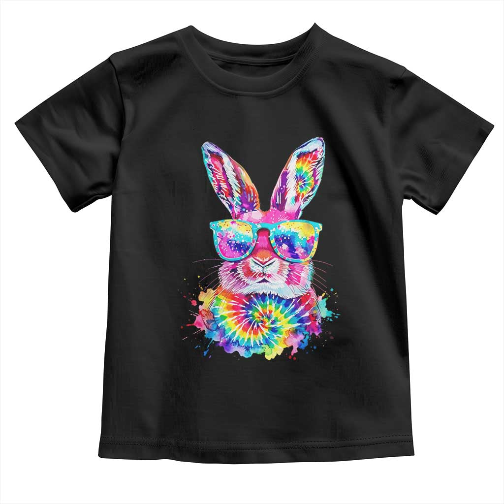 Colorful Tie Dye Bunny with Sunglasses Toddler T Shirt Cool Easter Rabbit Retro Hippie Vibe Graphic Gift