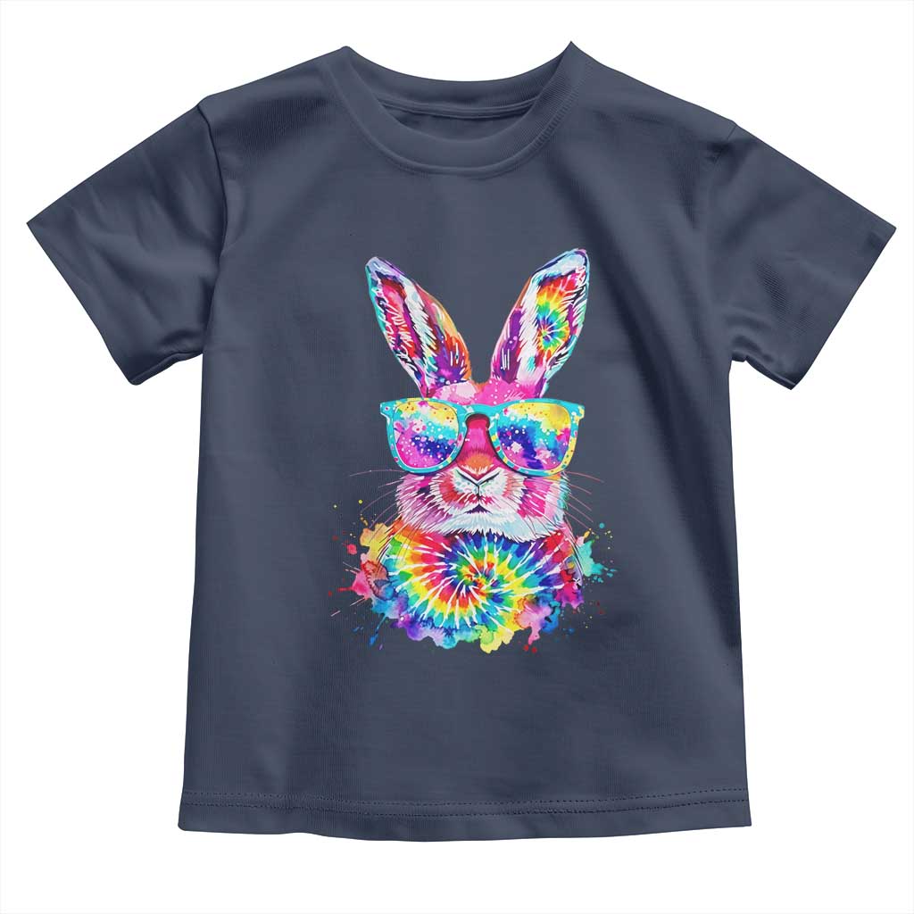 Colorful Tie Dye Bunny with Sunglasses Toddler T Shirt Cool Easter Rabbit Retro Hippie Vibe Graphic Gift