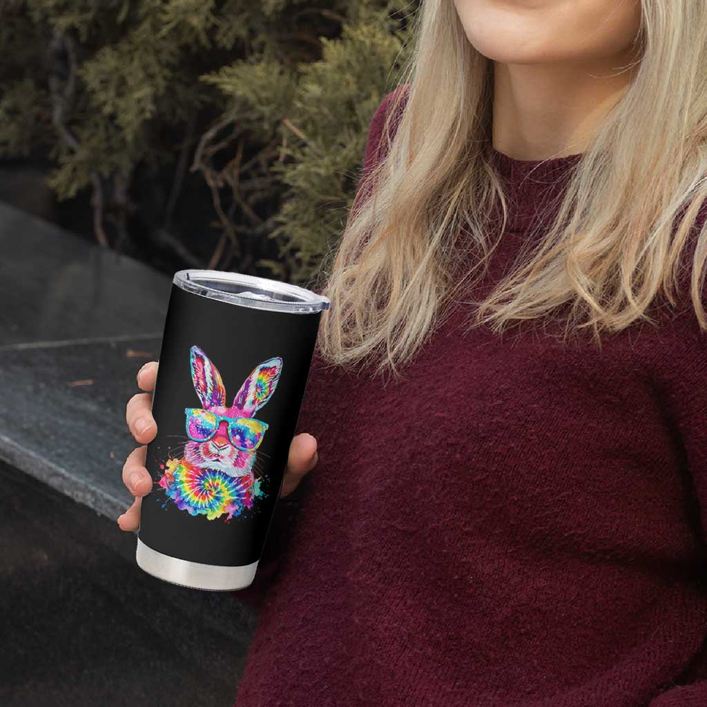 Colorful Tie Dye Bunny with Sunglasses Tumbler Cup Cool Easter Rabbit Retro Hippie Vibe Graphic Gift