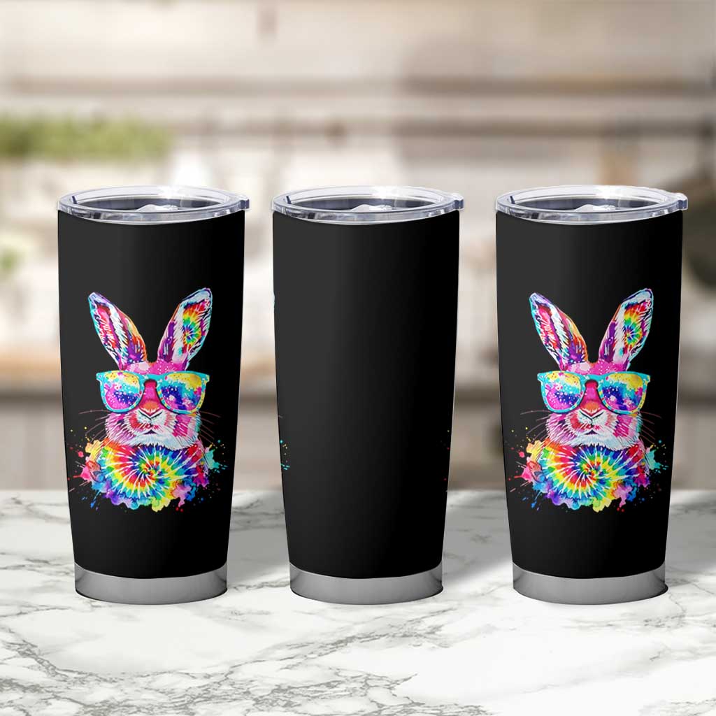 Colorful Tie Dye Bunny with Sunglasses Tumbler Cup Cool Easter Rabbit Retro Hippie Vibe Graphic Gift