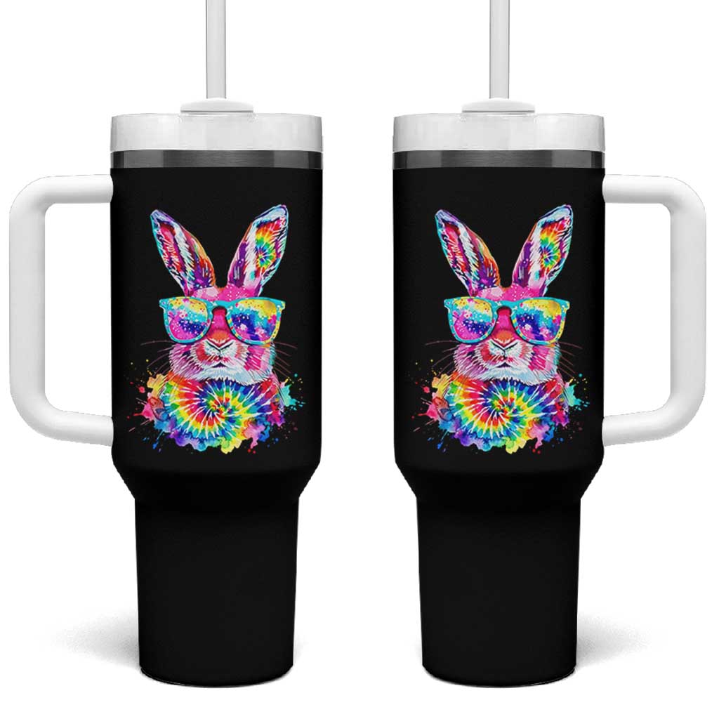 Colorful Tie Dye Bunny with Sunglasses Tumbler With Handle Cool Easter Rabbit Retro Hippie Vibe Graphic Gift