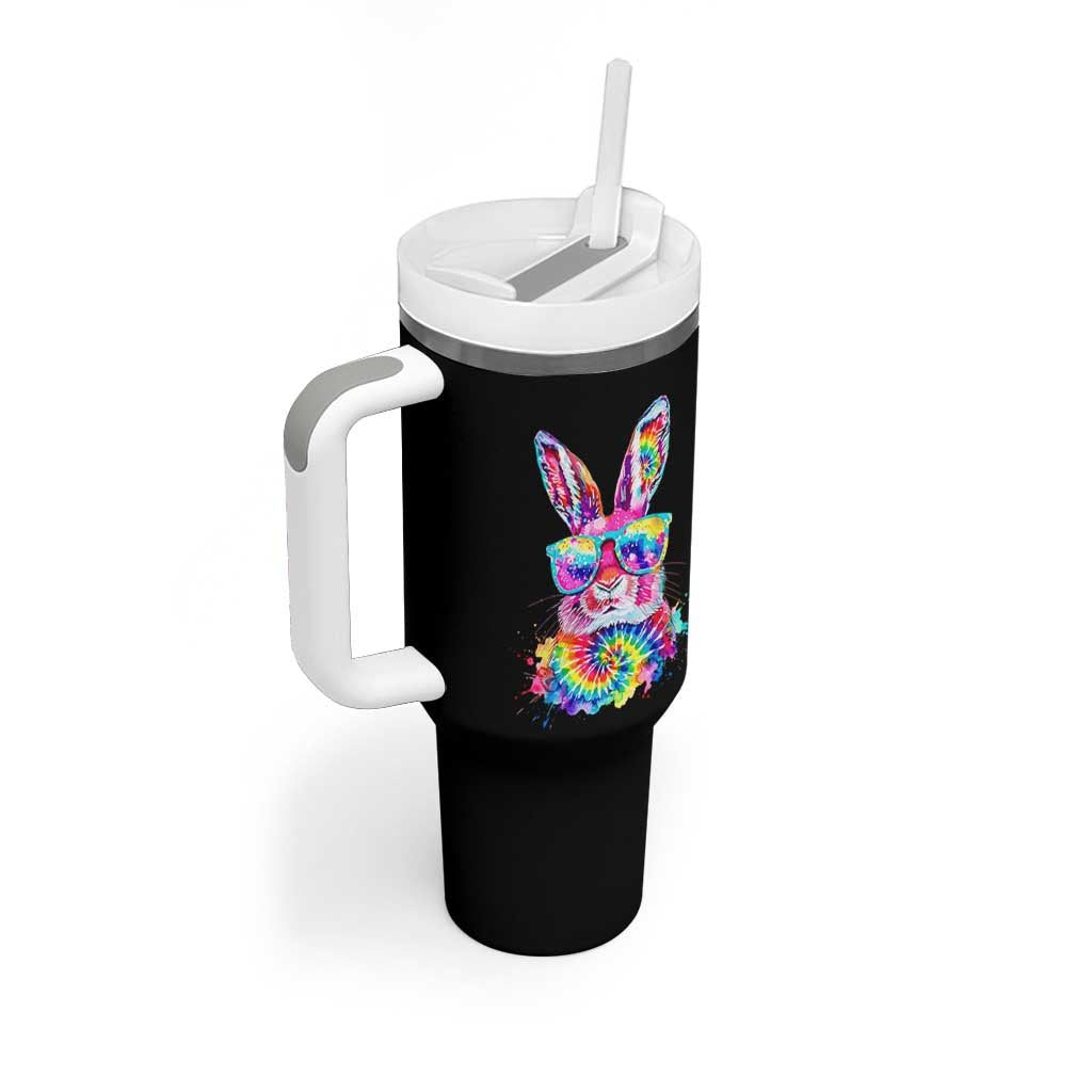 Colorful Tie Dye Bunny with Sunglasses Tumbler With Handle Cool Easter Rabbit Retro Hippie Vibe Graphic Gift