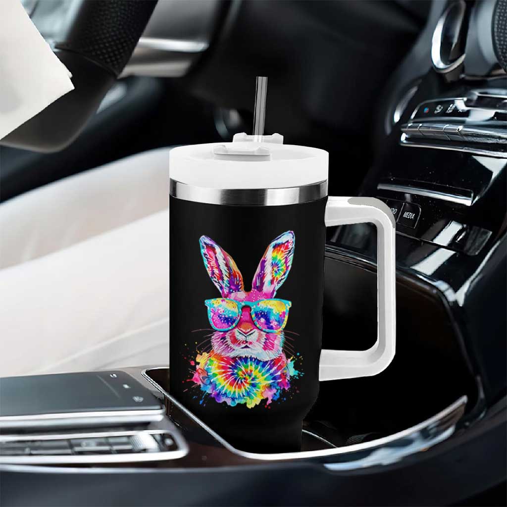Colorful Tie Dye Bunny with Sunglasses Tumbler With Handle Cool Easter Rabbit Retro Hippie Vibe Graphic Gift