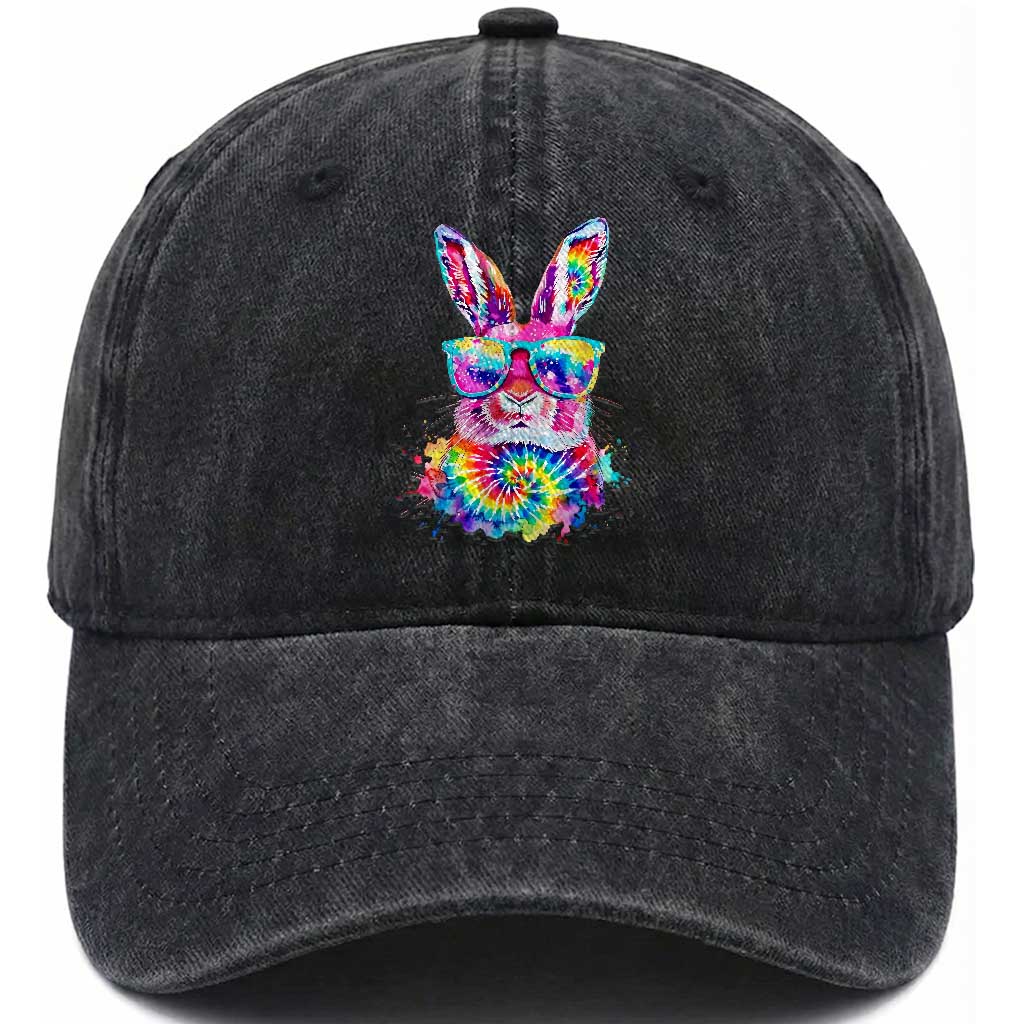 Colorful Tie Dye Bunny with Sunglasses Washed Cotton Baseball Cap Cool Easter Rabbit Retro Hippie Vibe Graphic Gift