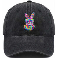 Colorful Tie Dye Bunny with Sunglasses Washed Cotton Baseball Cap Cool Easter Rabbit Retro Hippie Vibe Graphic Gift