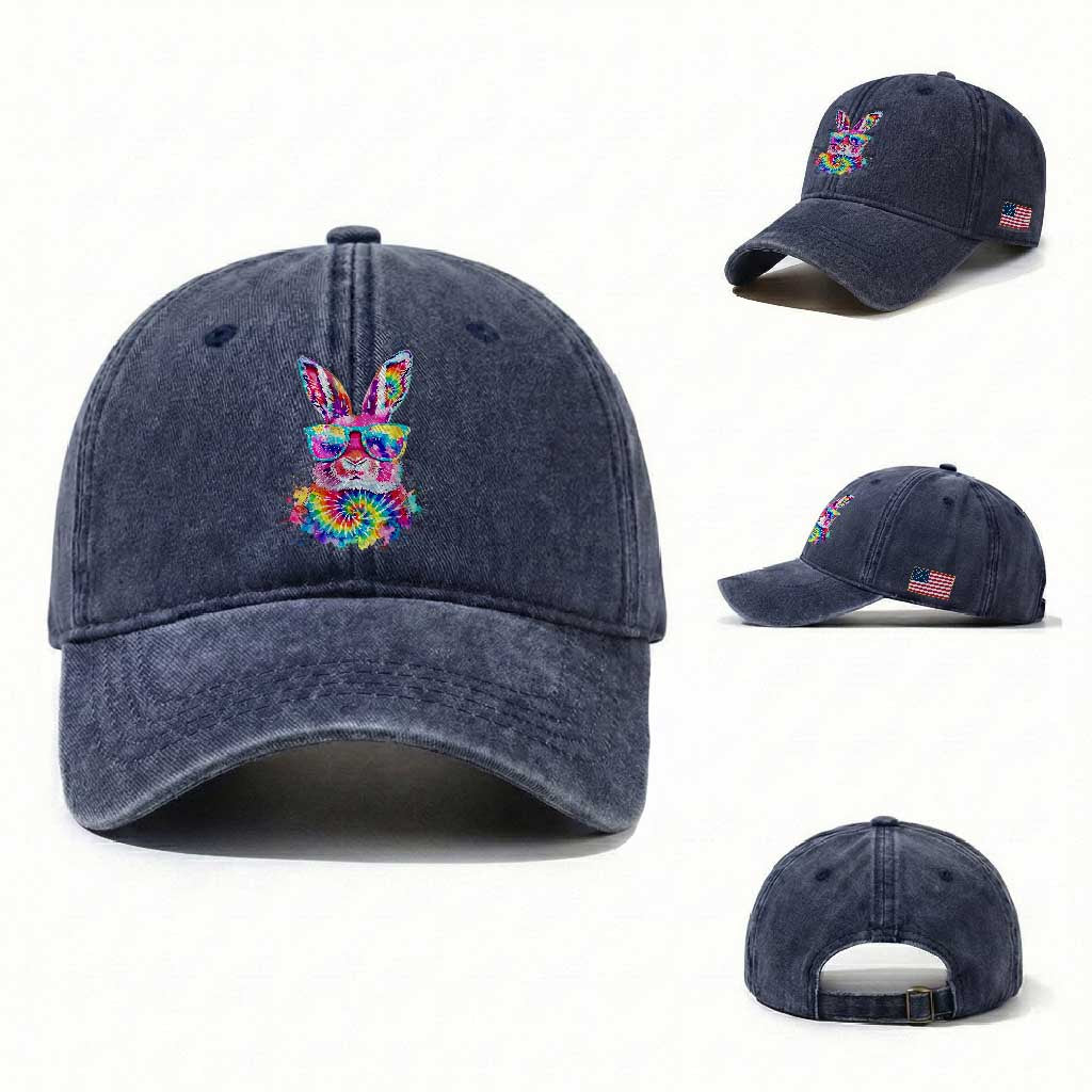 Colorful Tie Dye Bunny with Sunglasses Washed Cotton Baseball Cap Cool Easter Rabbit Retro Hippie Vibe Graphic Gift