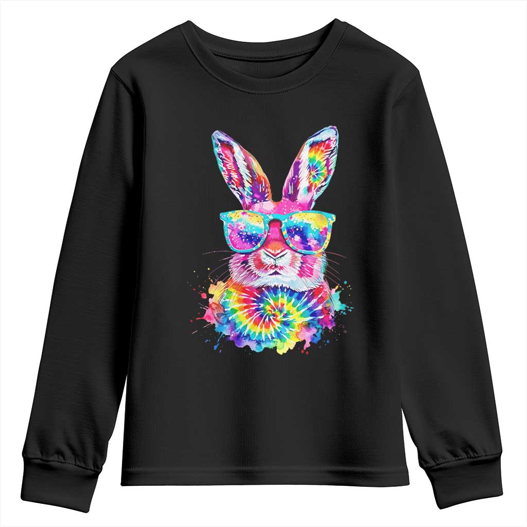 Colorful Tie Dye Bunny with Sunglasses Youth Sweatshirt Cool Easter Rabbit Retro Hippie Vibe Graphic Gift