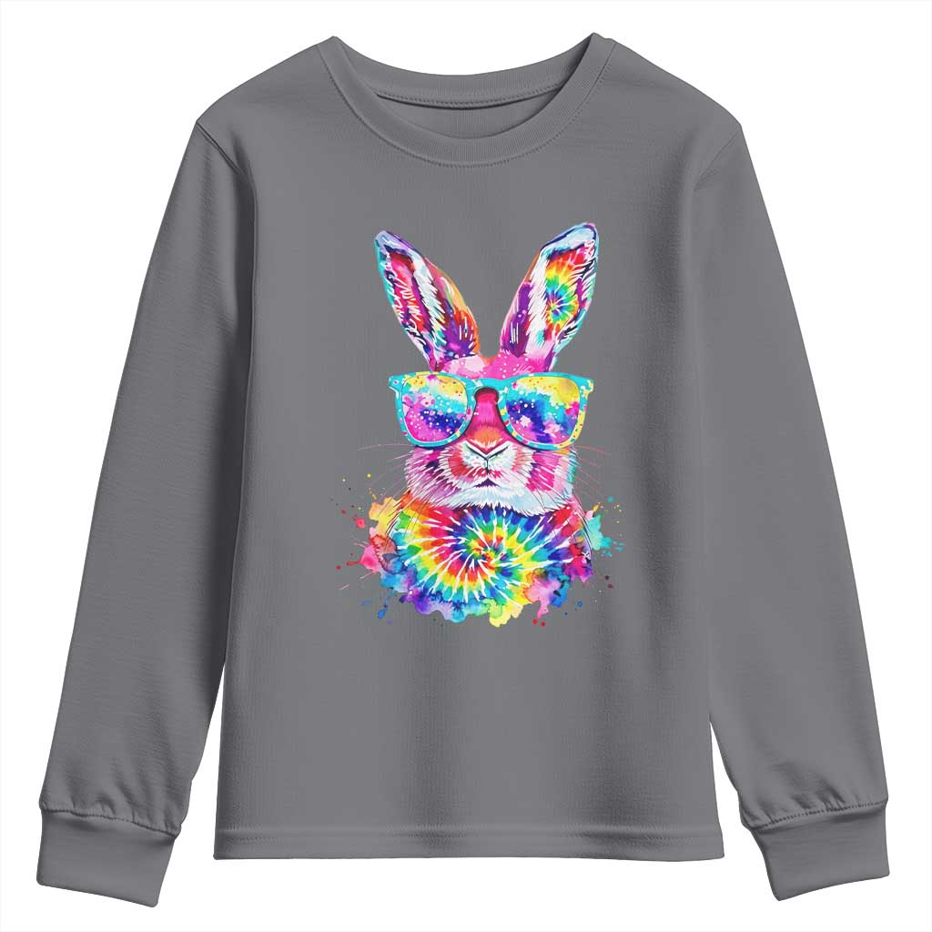 Colorful Tie Dye Bunny with Sunglasses Youth Sweatshirt Cool Easter Rabbit Retro Hippie Vibe Graphic Gift