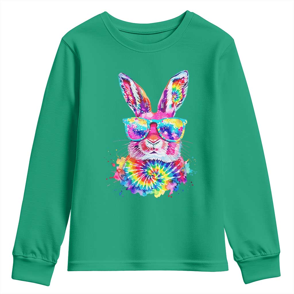 Colorful Tie Dye Bunny with Sunglasses Youth Sweatshirt Cool Easter Rabbit Retro Hippie Vibe Graphic Gift