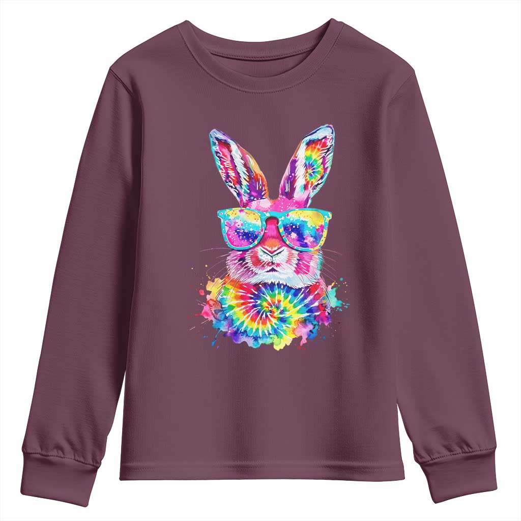 Colorful Tie Dye Bunny with Sunglasses Youth Sweatshirt Cool Easter Rabbit Retro Hippie Vibe Graphic Gift