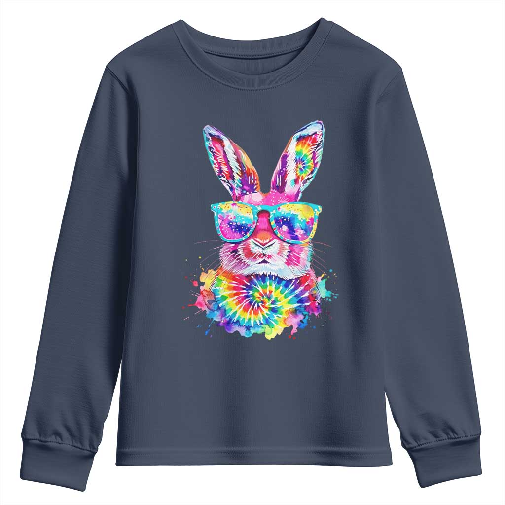 Colorful Tie Dye Bunny with Sunglasses Youth Sweatshirt Cool Easter Rabbit Retro Hippie Vibe Graphic Gift