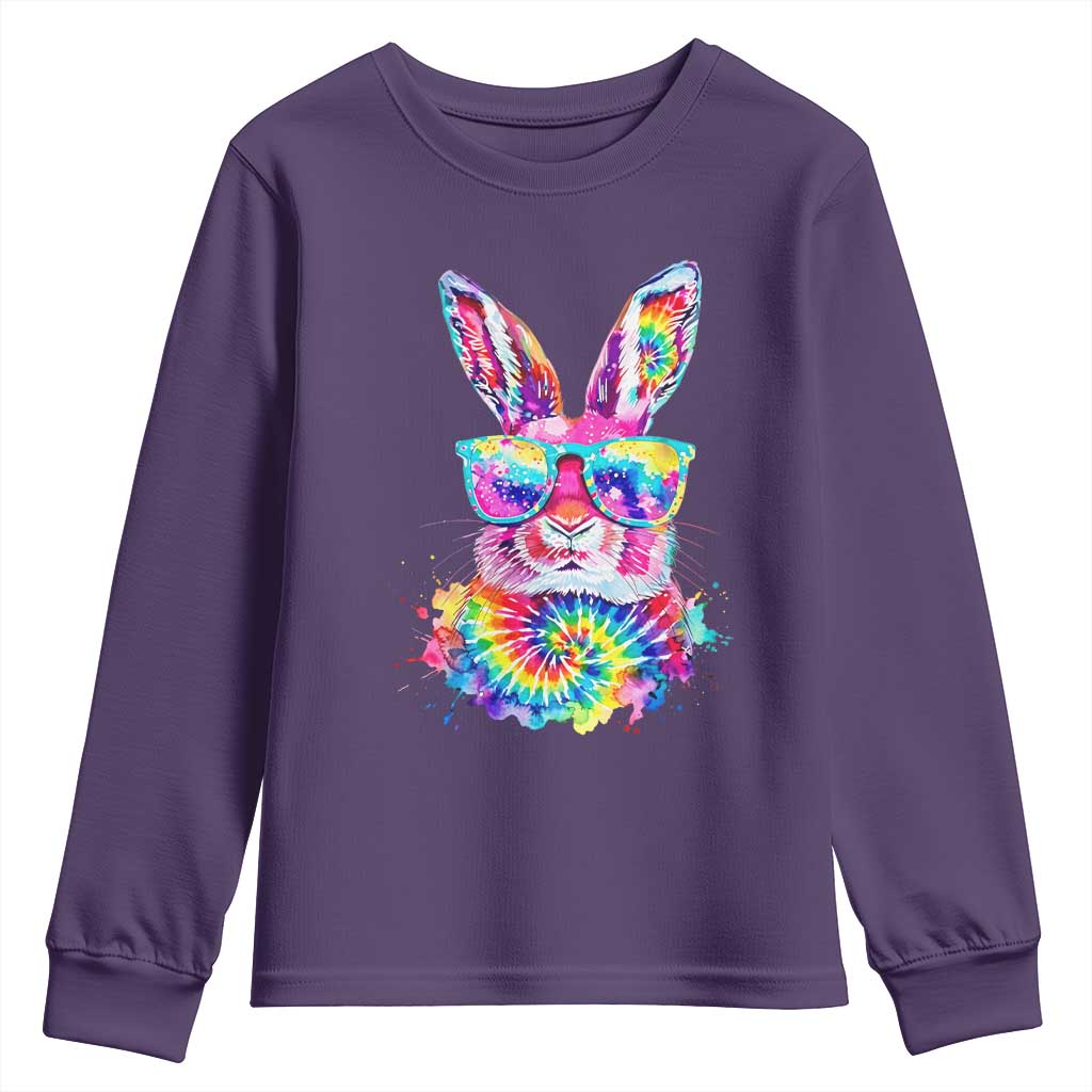 Colorful Tie Dye Bunny with Sunglasses Youth Sweatshirt Cool Easter Rabbit Retro Hippie Vibe Graphic Gift