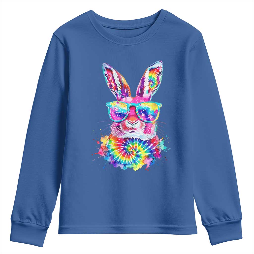 Colorful Tie Dye Bunny with Sunglasses Youth Sweatshirt Cool Easter Rabbit Retro Hippie Vibe Graphic Gift