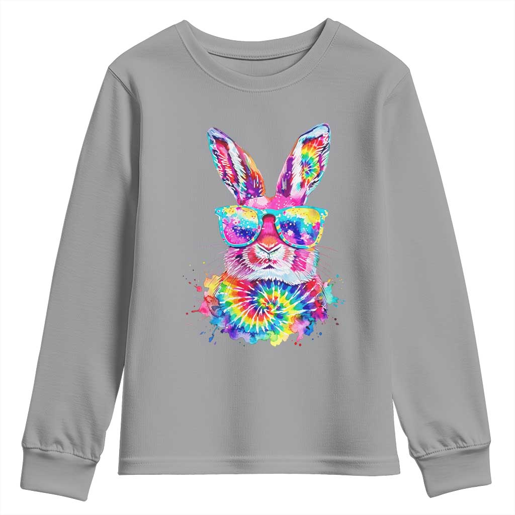 Colorful Tie Dye Bunny with Sunglasses Youth Sweatshirt Cool Easter Rabbit Retro Hippie Vibe Graphic Gift