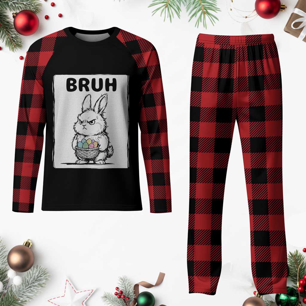 Bruh Angry Easter Bunny with Eggs Basket Plaid Pajama Set Funny Rabbit Meme Humor Graphic Gift