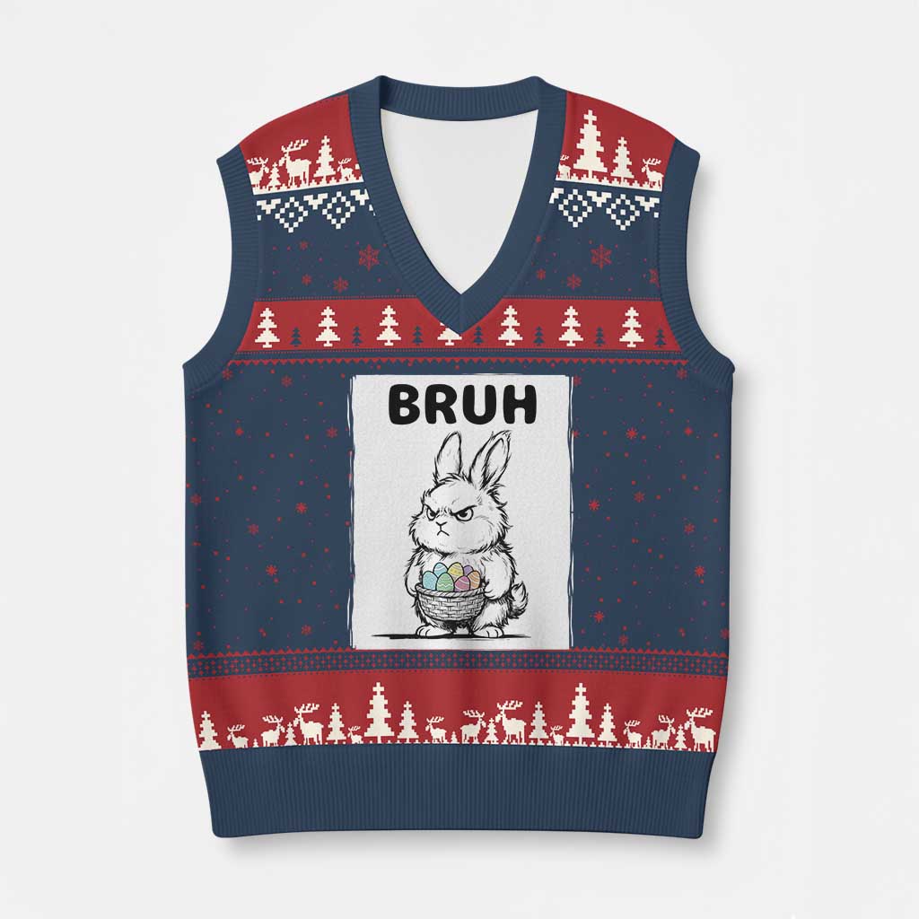 Bruh Angry Easter Bunny with Eggs Basket V-Neck Knit Sweater Vest Funny Rabbit Meme Humor Graphic Gift