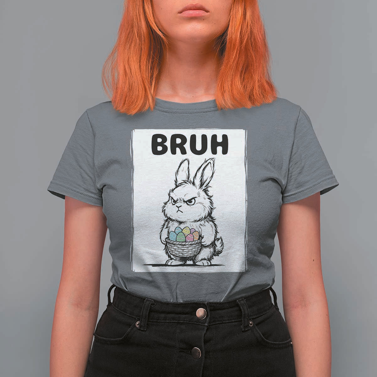 Bruh Angry Easter Bunny with Eggs Basket T Shirt For Women Funny Rabbit Meme Humor Graphic Gift