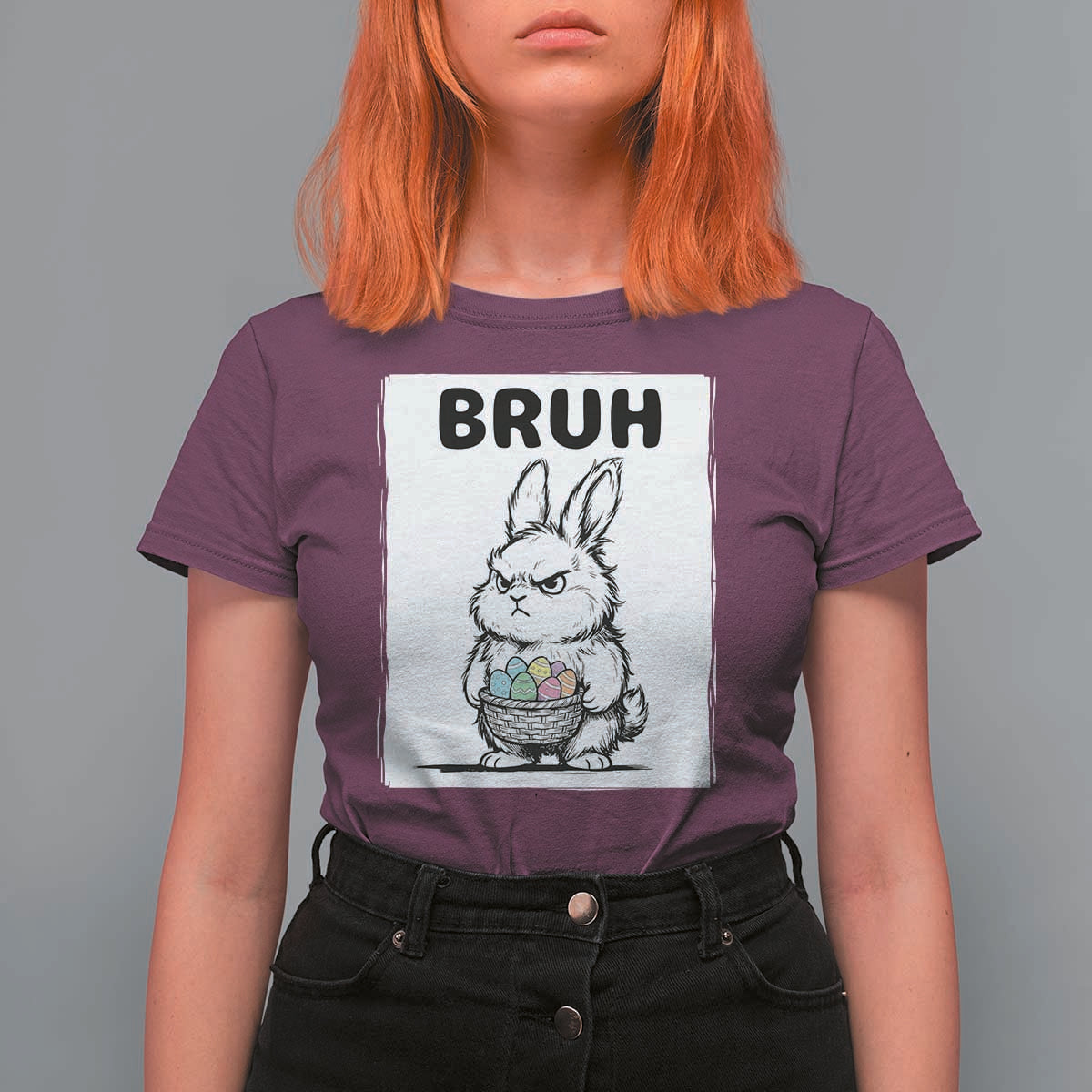 Bruh Angry Easter Bunny with Eggs Basket T Shirt For Women Funny Rabbit Meme Humor Graphic Gift
