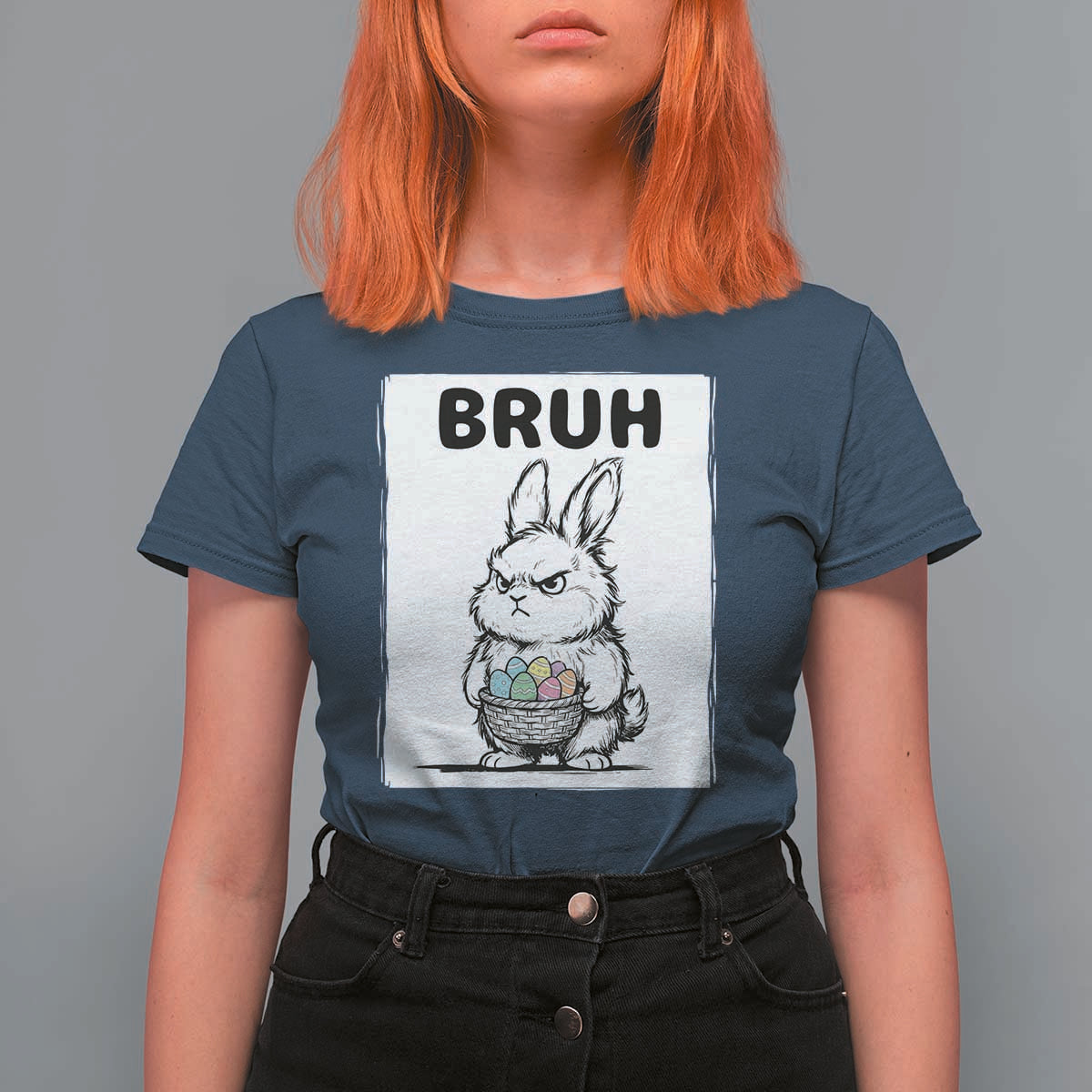 Bruh Angry Easter Bunny with Eggs Basket T Shirt For Women Funny Rabbit Meme Humor Graphic Gift
