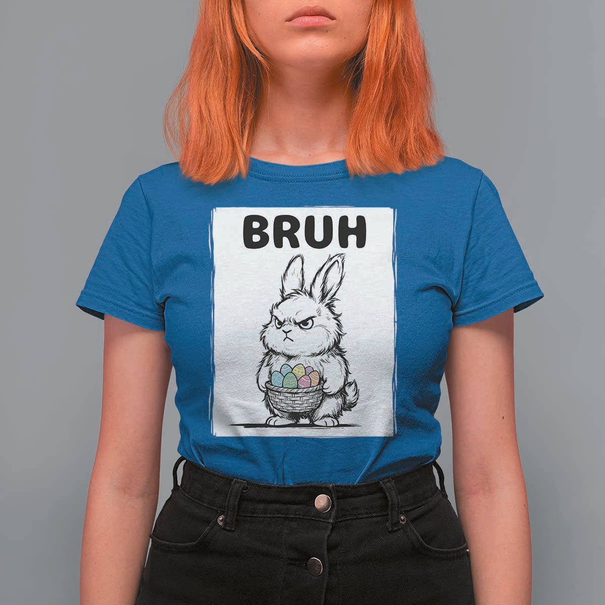 Bruh Angry Easter Bunny with Eggs Basket T Shirt For Women Funny Rabbit Meme Humor Graphic Gift