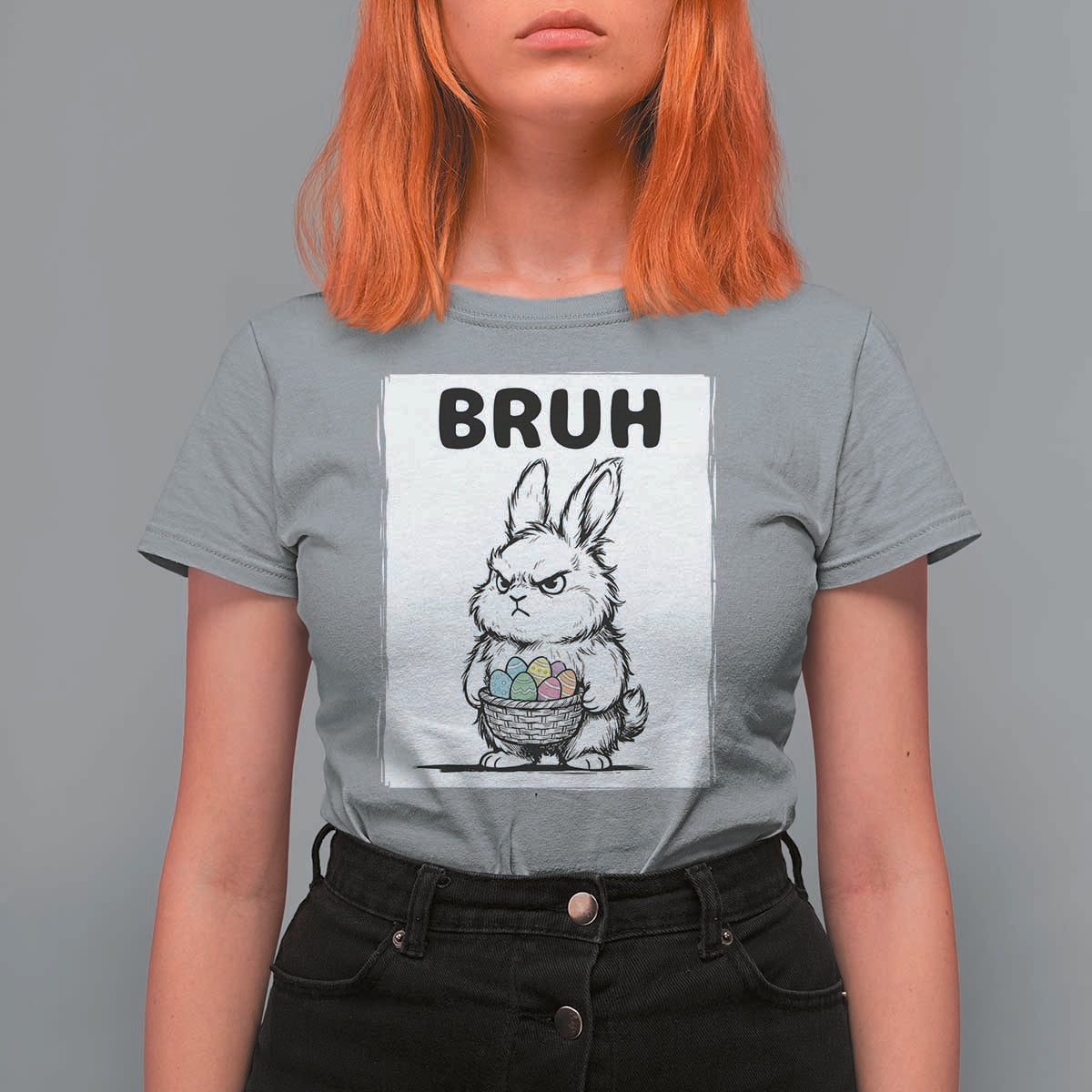 Bruh Angry Easter Bunny with Eggs Basket T Shirt For Women Funny Rabbit Meme Humor Graphic Gift