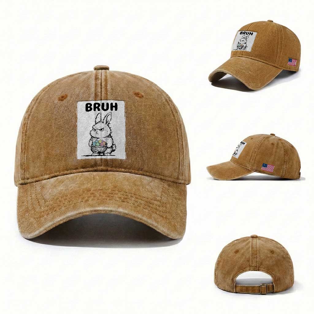 Bruh Angry Easter Bunny with Eggs Basket Washed Cotton Baseball Cap Funny Rabbit Meme Humor Graphic Gift