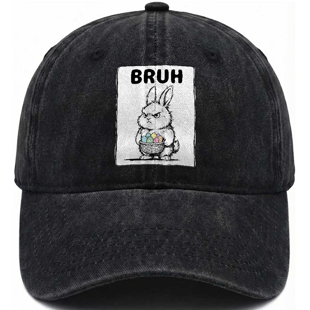 Bruh Angry Easter Bunny with Eggs Basket Washed Cotton Baseball Cap Funny Rabbit Meme Humor Graphic Gift