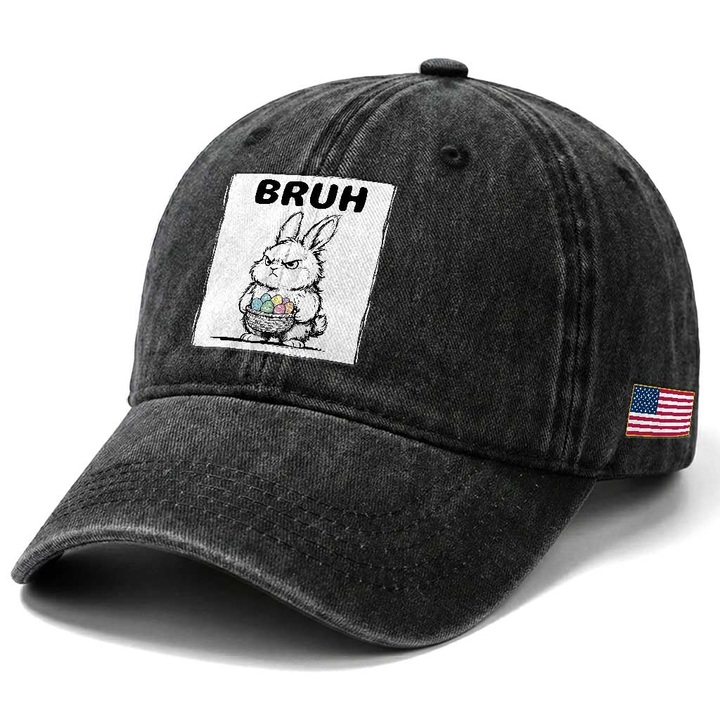 Bruh Angry Easter Bunny with Eggs Basket Washed Cotton Baseball Cap Funny Rabbit Meme Humor Graphic Gift