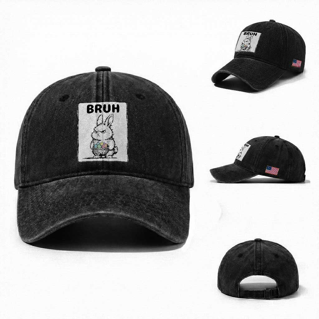 Bruh Angry Easter Bunny with Eggs Basket Washed Cotton Baseball Cap Funny Rabbit Meme Humor Graphic Gift