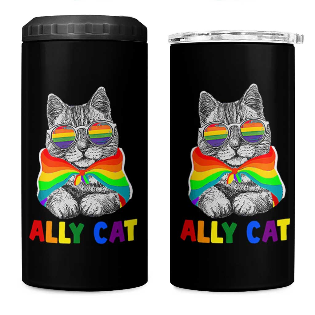 Ally Cat with Pride Cape 4 in 1 Can Cooler Tumbler Rainbow LGBTQ+ Support