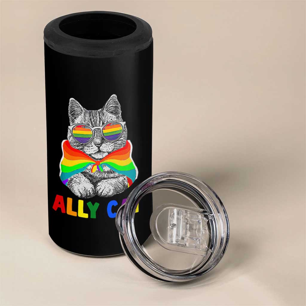 Ally Cat with Pride Cape 4 in 1 Can Cooler Tumbler Rainbow LGBTQ+ Support
