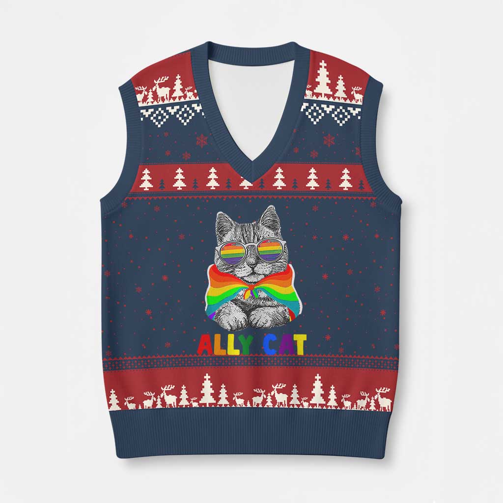 Ally Cat with Pride Cape V-Neck Knit Sweater Vest Rainbow LGBTQ+ Support - Wonder Print Shop