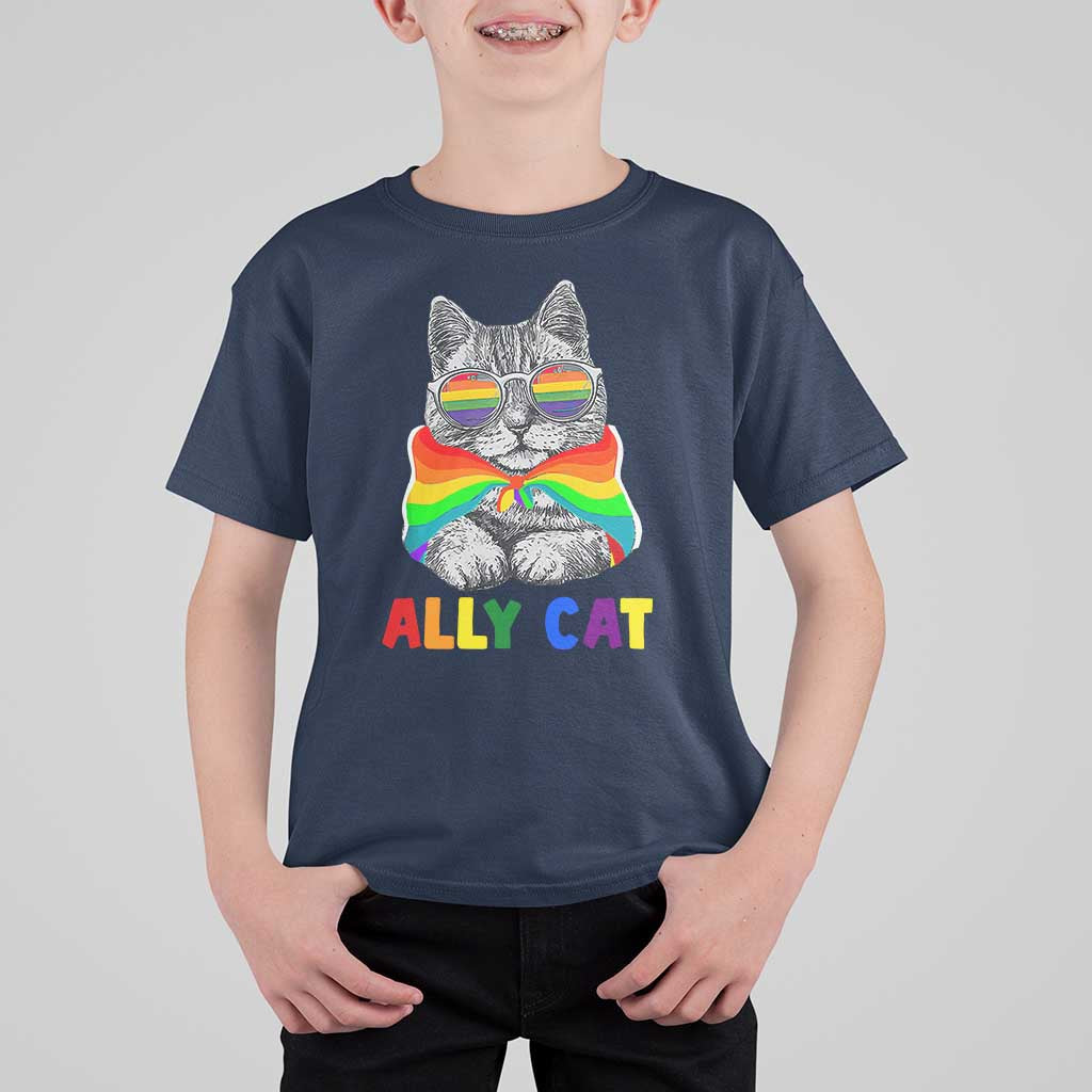 Ally Cat with Pride Cape T Shirt For Kid Rainbow LGBTQ+ Support