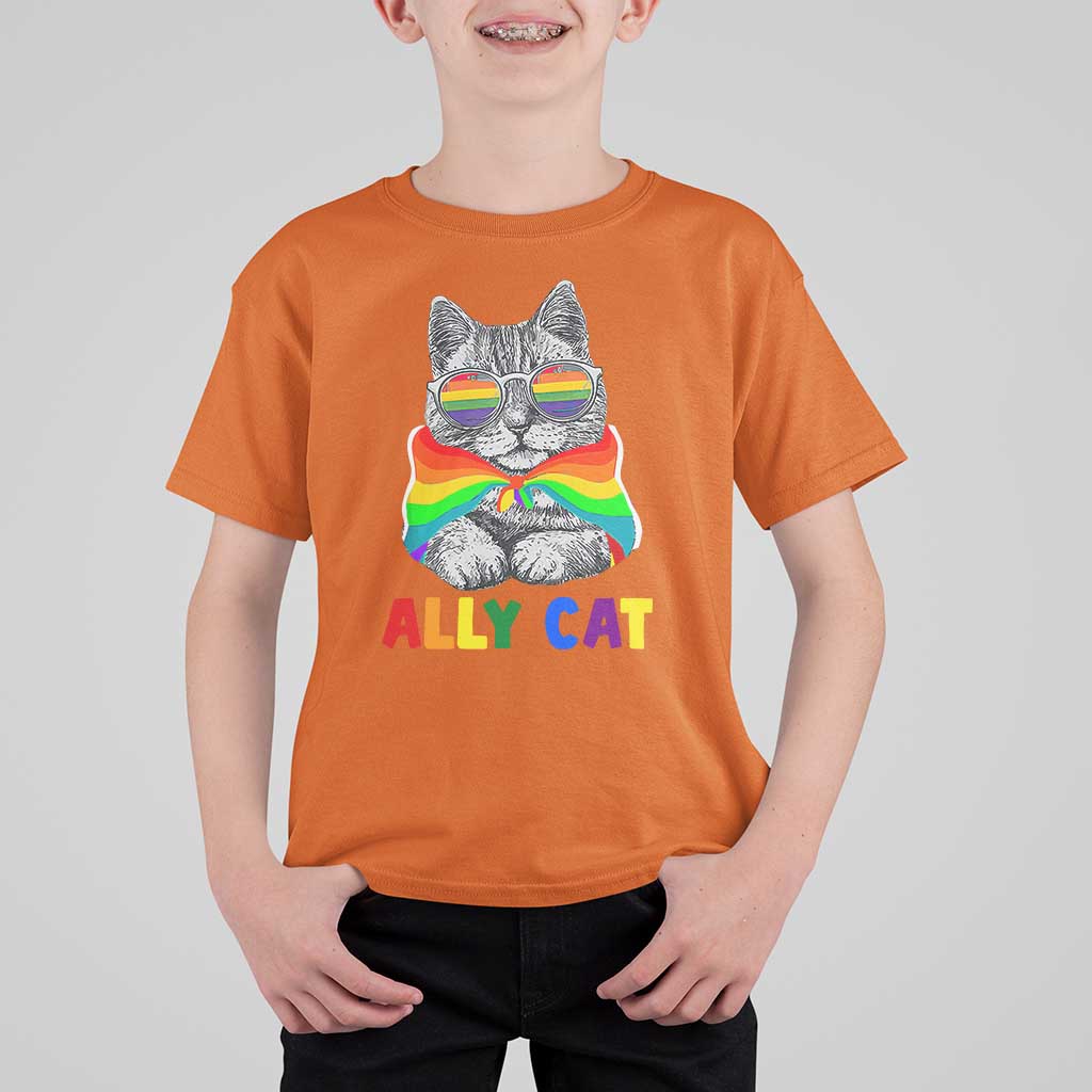 Ally Cat with Pride Cape T Shirt For Kid Rainbow LGBTQ+ Support
