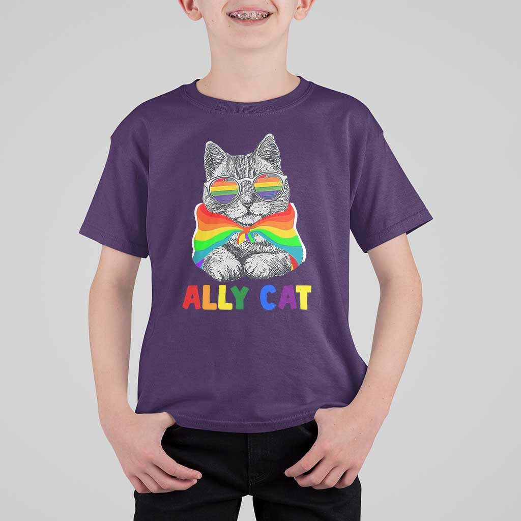 Ally Cat with Pride Cape T Shirt For Kid Rainbow LGBTQ+ Support