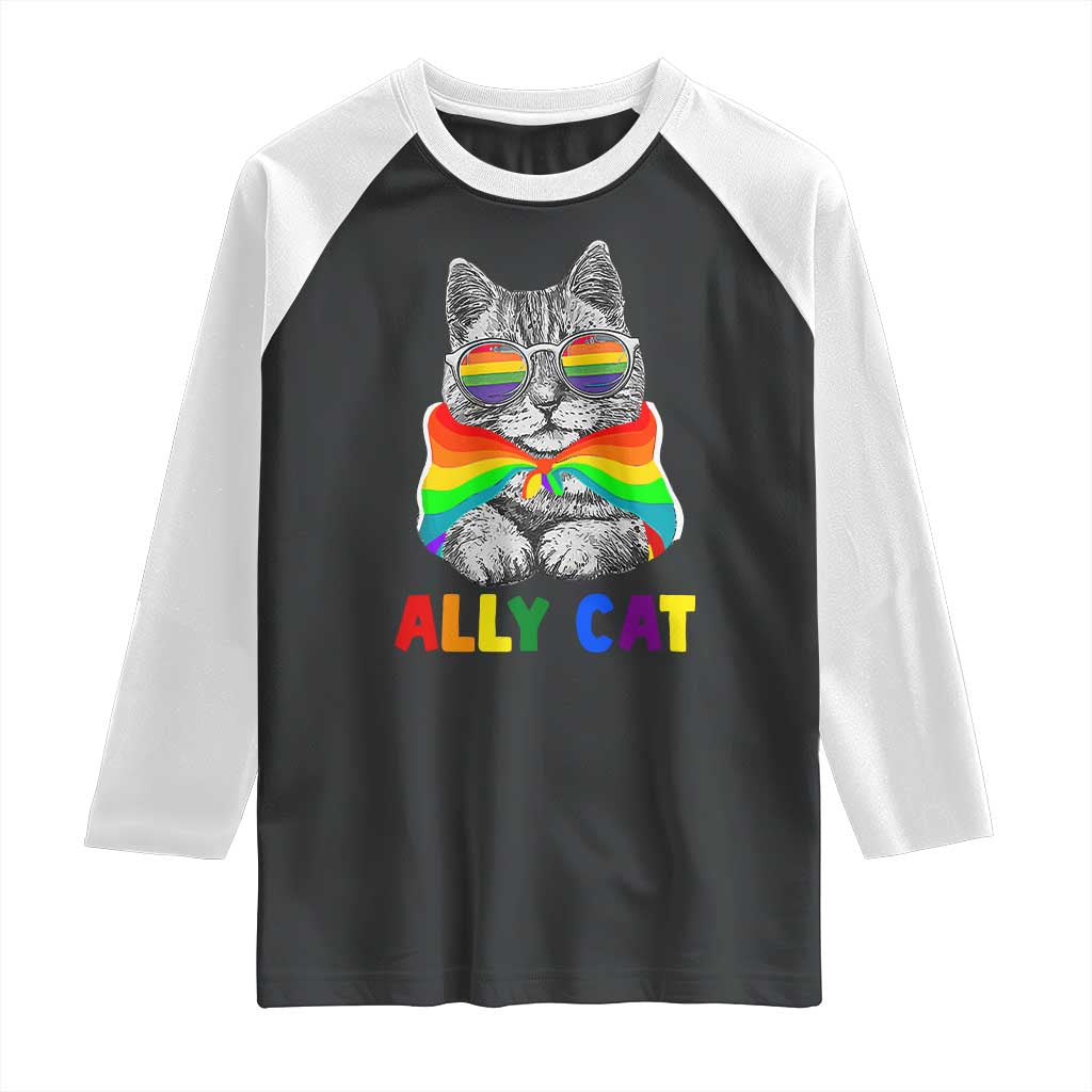 Ally Cat with Pride Cape Raglan Shirt Rainbow LGBTQ+ Support