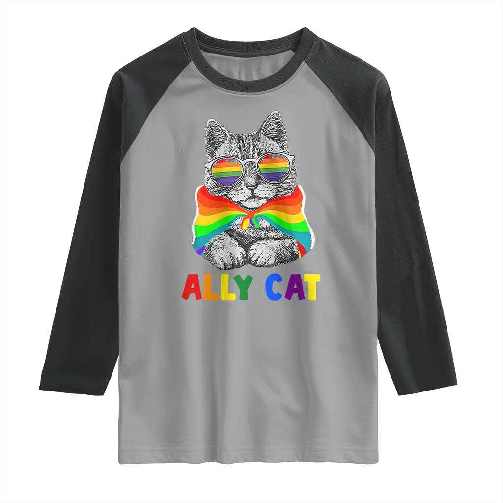 Ally Cat with Pride Cape Raglan Shirt Rainbow LGBTQ+ Support