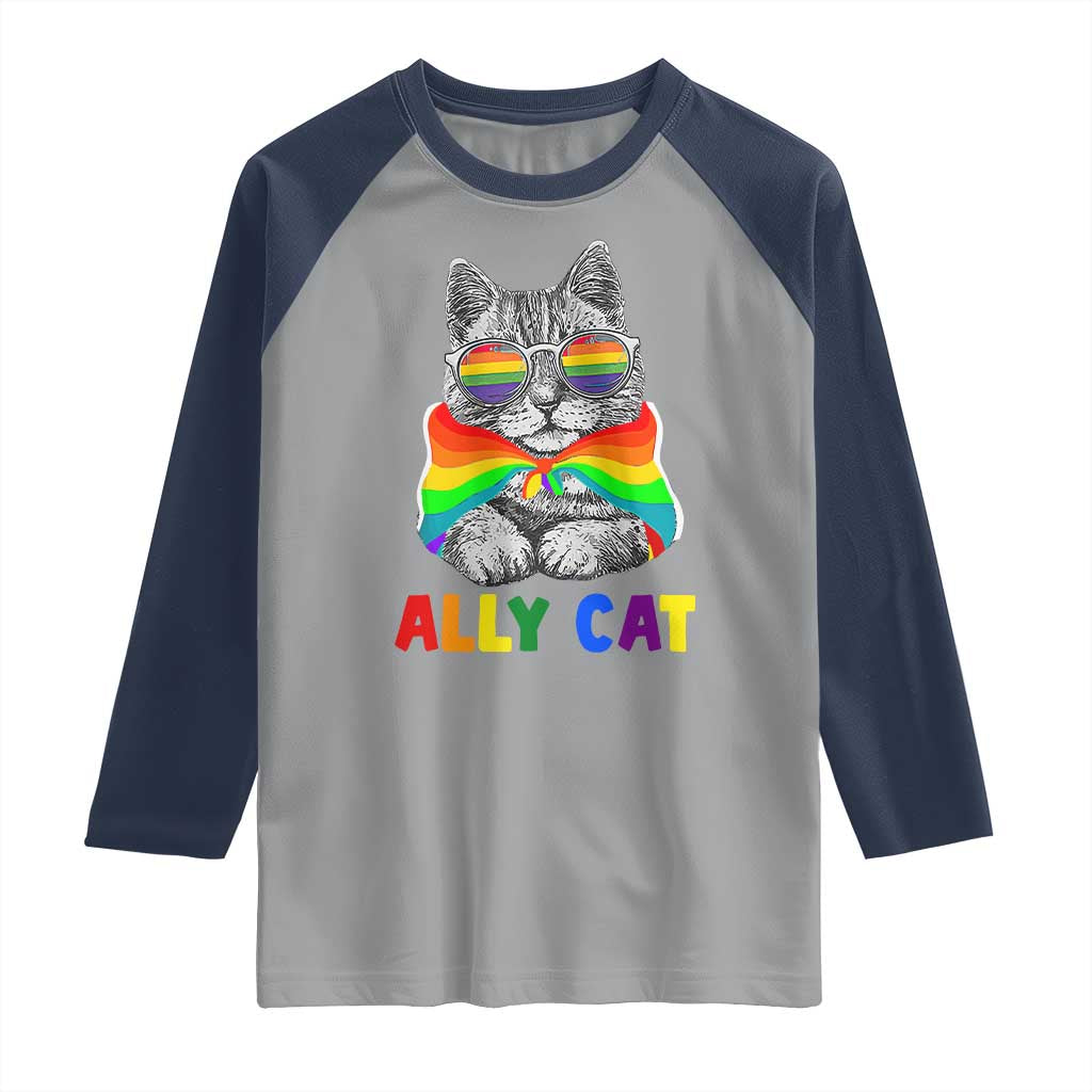 Ally Cat with Pride Cape Raglan Shirt Rainbow LGBTQ+ Support
