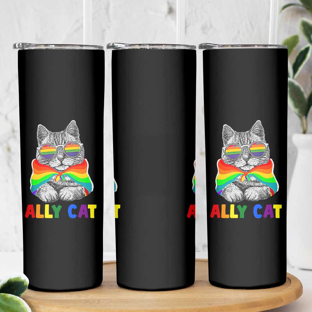 Ally Cat with Pride Cape Skinny Tumbler Rainbow LGBTQ+ Support