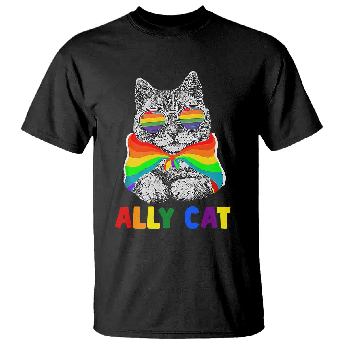Ally Cat with Pride Cape T Shirt Rainbow LGBTQ+ Support