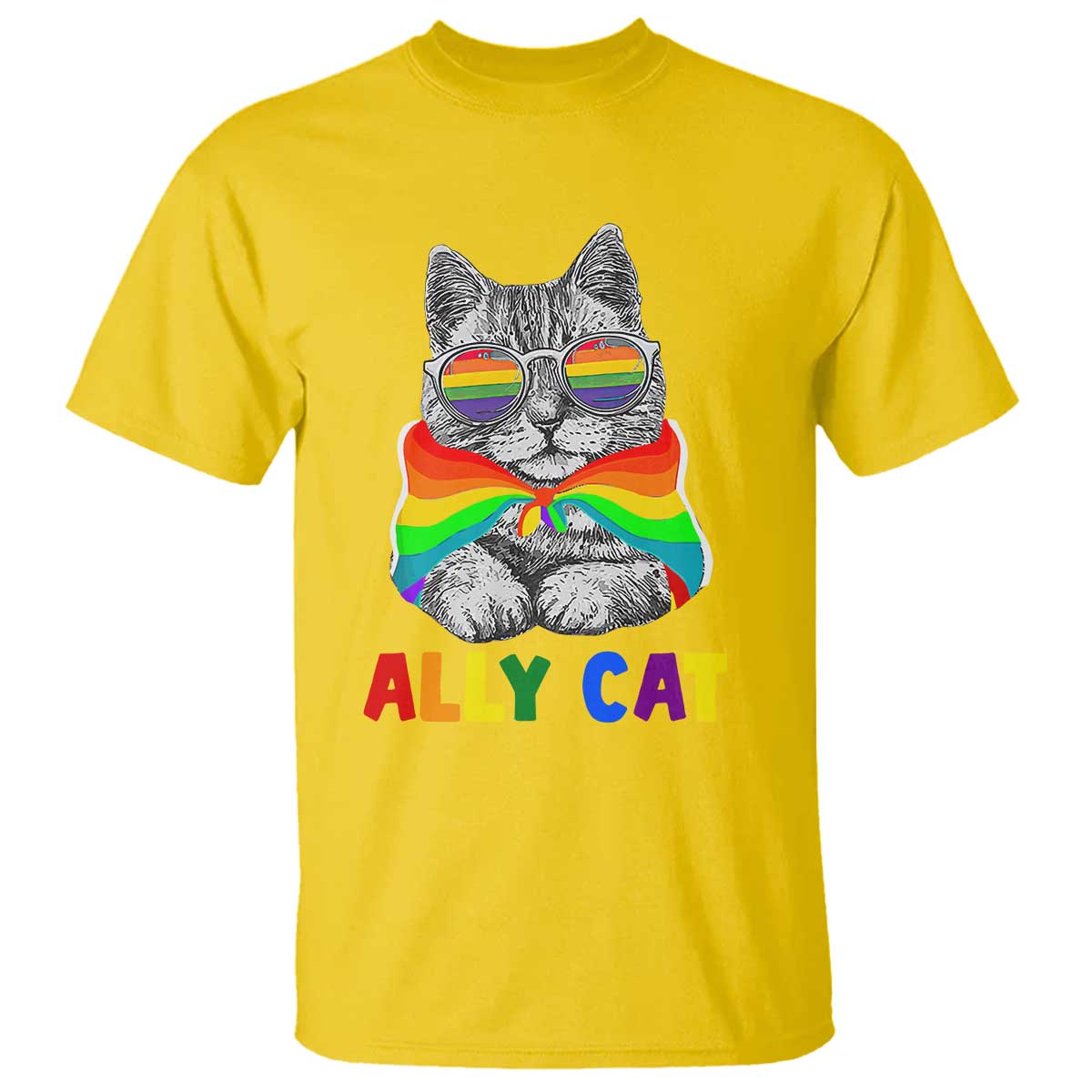 Ally Cat with Pride Cape T Shirt Rainbow LGBTQ+ Support