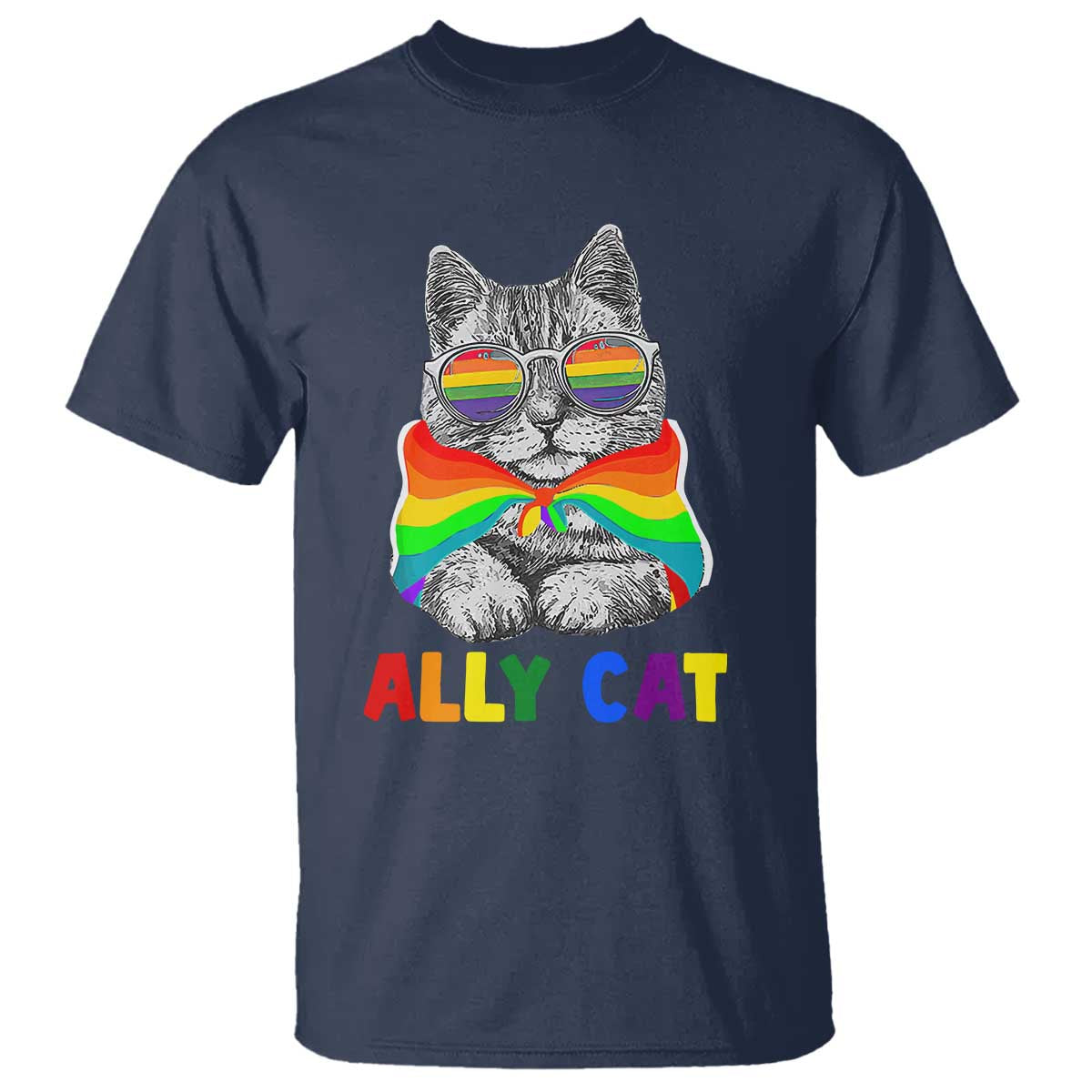 Ally Cat with Pride Cape T Shirt Rainbow LGBTQ+ Support