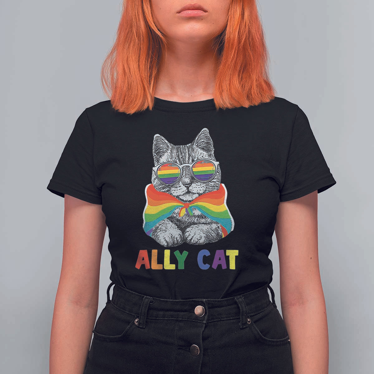 Ally Cat with Pride Cape T Shirt For Women Rainbow LGBTQ+ Support