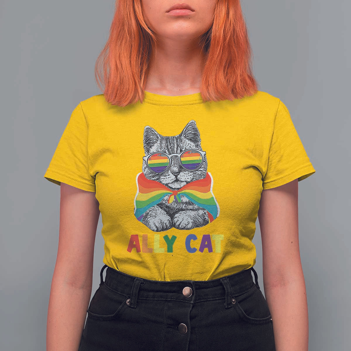 Ally Cat with Pride Cape T Shirt For Women Rainbow LGBTQ+ Support