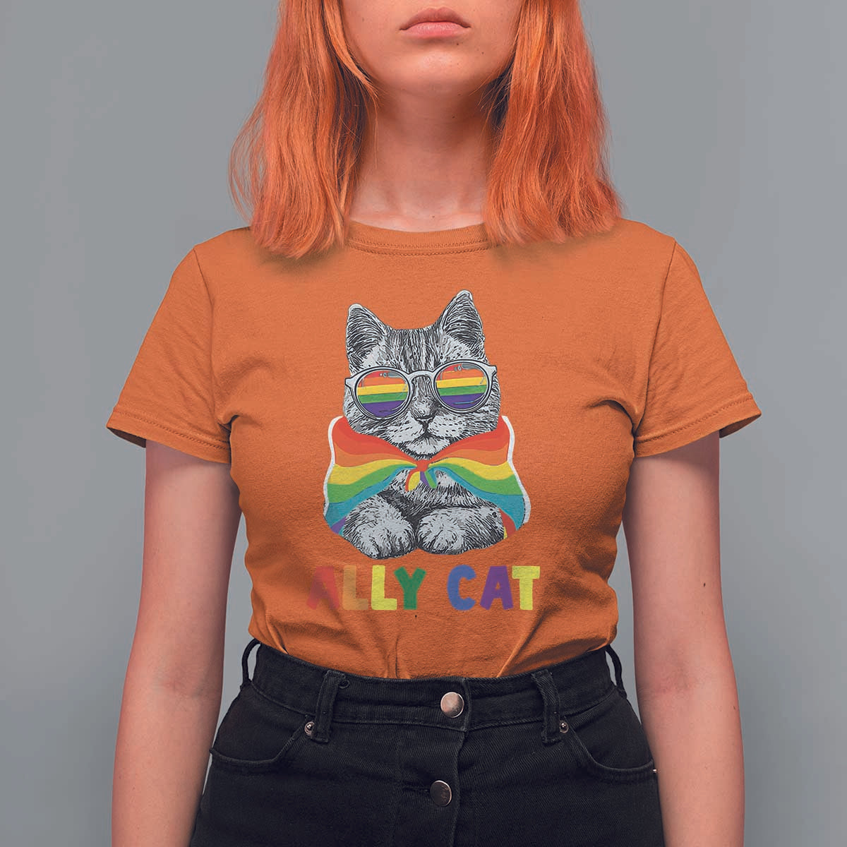 Ally Cat with Pride Cape T Shirt For Women Rainbow LGBTQ+ Support