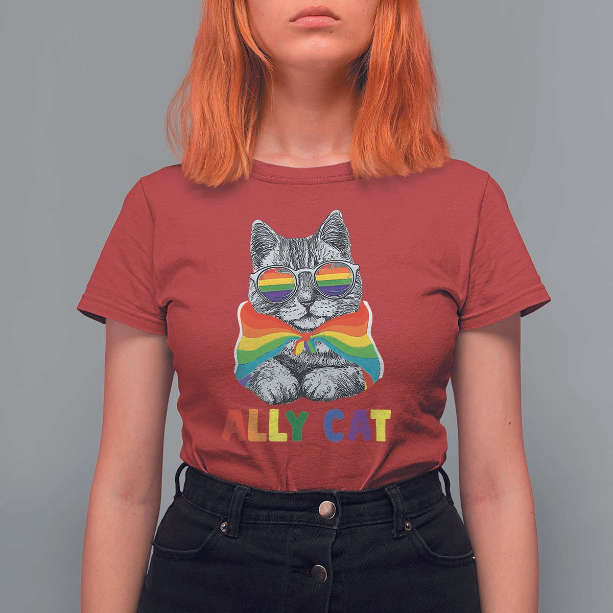 Ally Cat with Pride Cape T Shirt For Women Rainbow LGBTQ+ Support