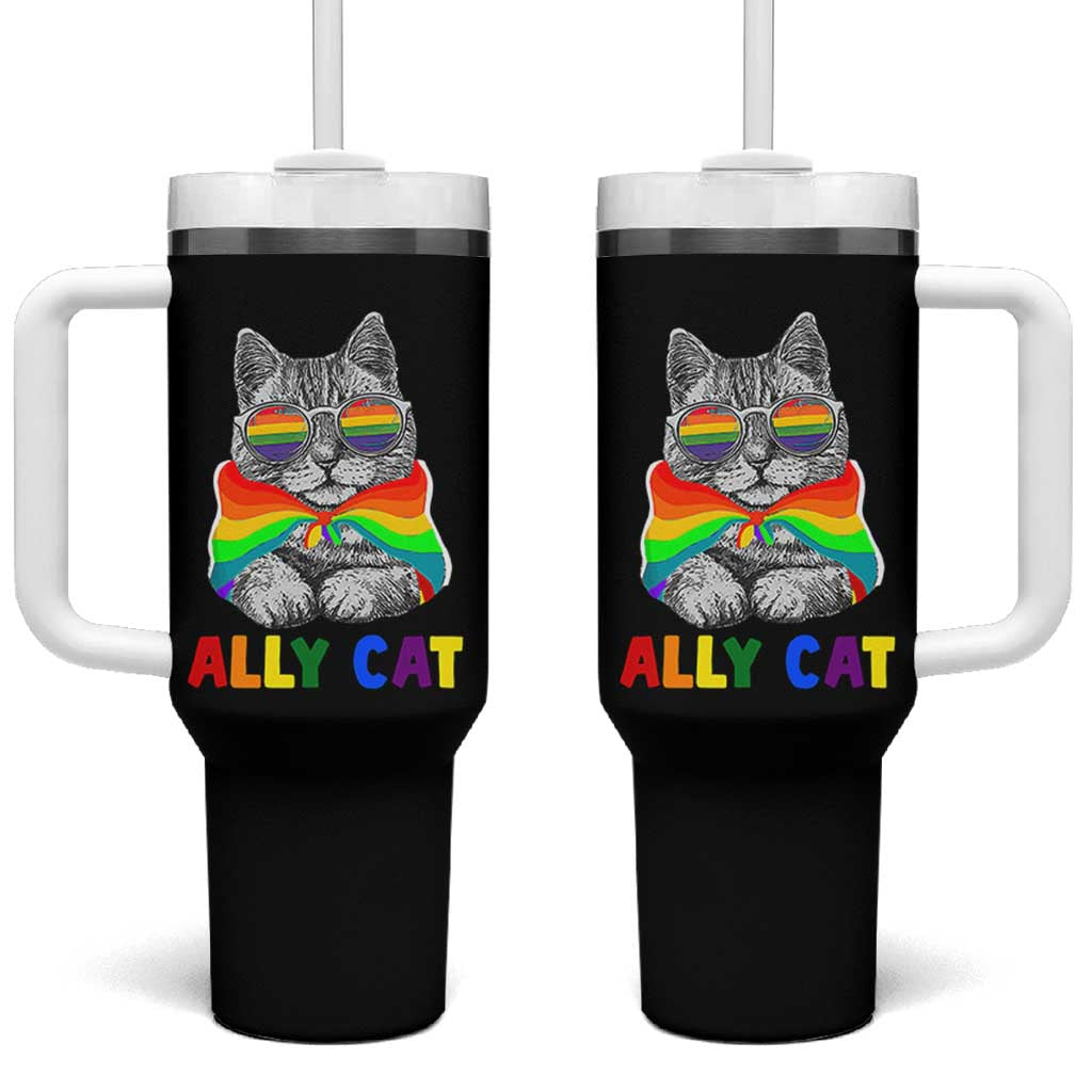 Ally Cat with Pride Cape Tumbler With Handle Rainbow LGBTQ+ Support