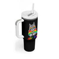 Ally Cat with Pride Cape Tumbler With Handle Rainbow LGBTQ+ Support