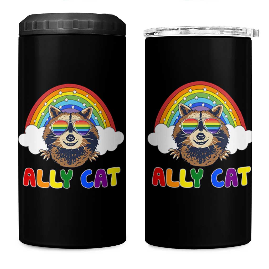Ally Street Cat Rainbow Raccoon 4 in 1 Can Cooler Tumbler Funny LGBTQ+ Pride Support